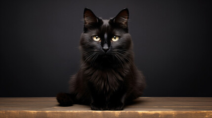a black cat sitting on a wooden table - obrazy, fototapety, plakaty