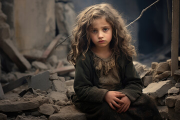 Sad child sitting next to the ruined house by bomb