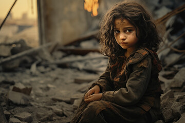 Sad child sitting next to the ruined house by bomb - obrazy, fototapety, plakaty