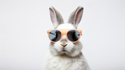 a rabbit wearing sunglasses on a white background