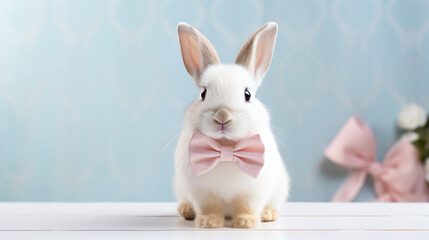 a white rabbit with a pink bow tie