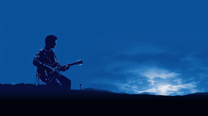 A silhouette of a guitarist against a blue background. - obrazy, fototapety, plakaty