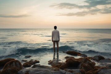 Sturdy Man standing on shore. Sunrise scenery. Generate Ai