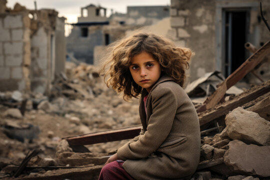 Sad child sitting next to the ruined house by bomb