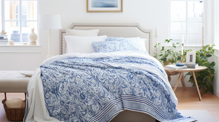 a bed with a blue and white comforter and pillows