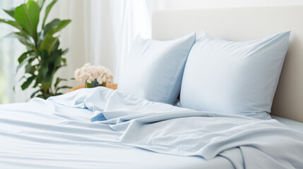 a bed with a blue comforter and pillows