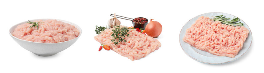 Fresh ground meat on white background, set