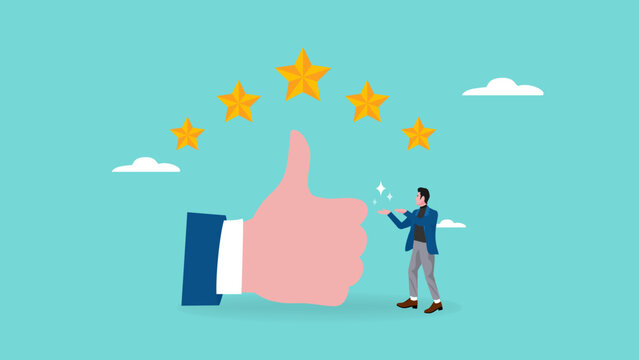 five star rating illustration with concept of businessman standing next to big thumbs up and five star rating, business people placing 5 stars rating, client holding review stars concept