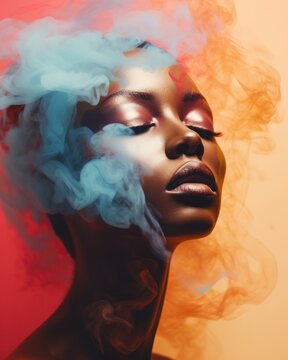 Ethereal Minimalistic Fine Art Portrait of a Black Woman in PopArt Style with Smoke and Faded Tones – Contemporary Abstract Painting with Graceful Brushstrokes. Generative AI