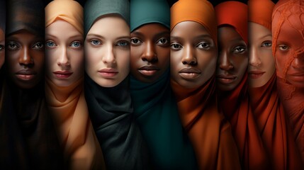 A Group of Women Wearing Headscarves in Different Colors - obrazy, fototapety, plakaty