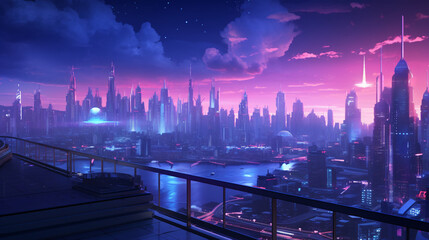 Futuristic city with purple and pink gradient sky background.