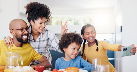 Selfie, peace sign and a black family eating breakfast in their home kitchen together for health, diet or nutrition. Food, photo or memory with a mother, father and children together in an apartment