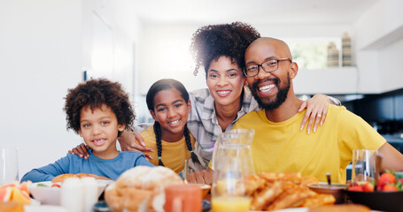 Love, portrait and happy family with breakfast at a kitchen table for morning, routine or eating...