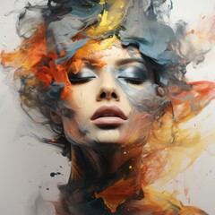 Ethereal Minimalistic Portrait in Faded Tones - Contemporary PopArt Fine Art of a Woman's Face Engulfed in coloured Smoke. Generative AI
