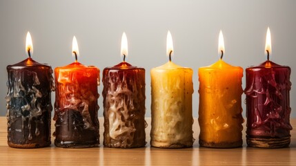A Serene Display of Lit Candles on a Rustic Wooden Table