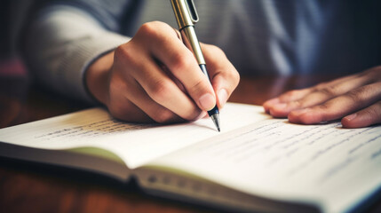 Young man writing in notebook on wooden table at home. Closeup of male hands writing in notebook.