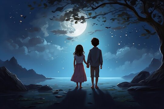 An image of a serene moonlit night with shadows of boy and girl, hinting at the depth of their love amid the mysterie