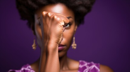 Empowered African woman showing her fist on violet background