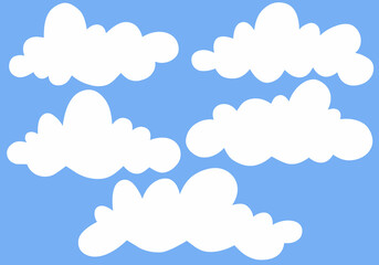 Set of flat white clouds cartoon isolated on blue background