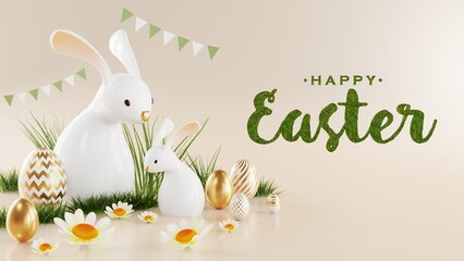 3d rendering illustration easter day and podium realistic rabbit bunny with gold easter egg elements and flower with grass decorations. - obrazy, fototapety, plakaty