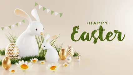 Foto op Plexiglas 3d rendering illustration easter day and podium realistic rabbit bunny with gold easter egg elements and flower with grass decorations. © Siam Vector
