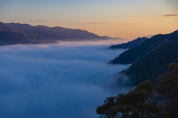 A sea of clouds at the top of the mountain in Kyoto telephoto shot