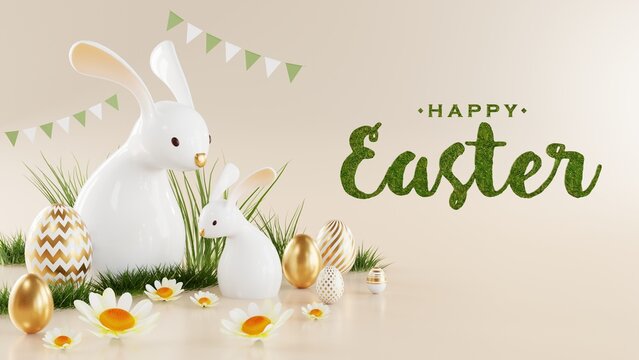 3d rendering illustration easter day and podium realistic rabbit bunny with gold easter egg elements and flower with grass decorations.