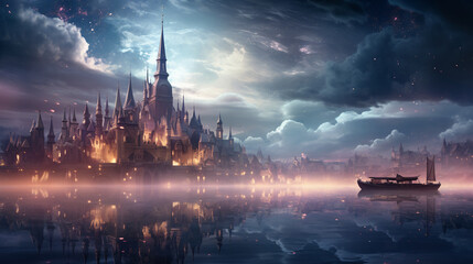 Fototapeta na wymiar Fantasy world lake and castle with evening sky background.