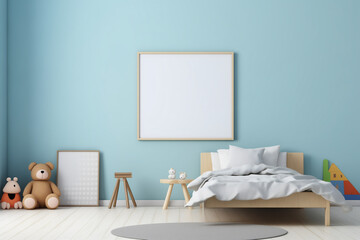 Fototapeta na wymiar Empty vertical picture frame mockup in a charming children's bedroom boasting natural wood furnishings, toys, a cozy bed, and captivating wall art against serene blue and white walls