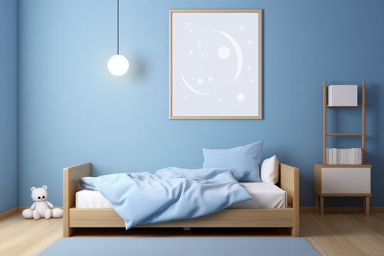 Empty vertical picture frame mockup in a charming children's bedroom boasting natural wood furnishings, toys, a cozy bed, and captivating wall art against serene blue and white walls
