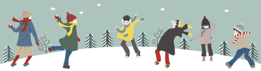 雪合戦（冬を楽しむ子供たち）のイラスト（バナーサイズ）