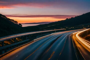 freeway scene at a vibrant dusk. view of the water from a road. gorgeous road and a vibrant coastline.