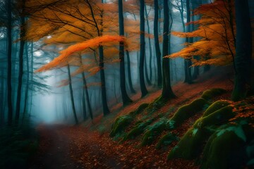 Gorgeous ethereal forest with autumnal blue mist. a vibrant setting with enchanted trees that have crimson and orange foliage. Pathway in a surreal, misty forest.