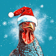 Pop art, happy turkey, winter snowflakes light blue background, santa hat, in the style of...