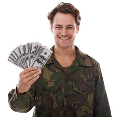 Military, portrait and happy man with money fan in studio with payment, insurance or cashback on...