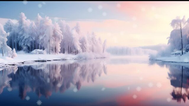 winter lake sunset landscape with snow