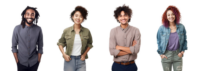 Set of Portrait of young woman and man happy smiling and standing posing, isolated on white background, png