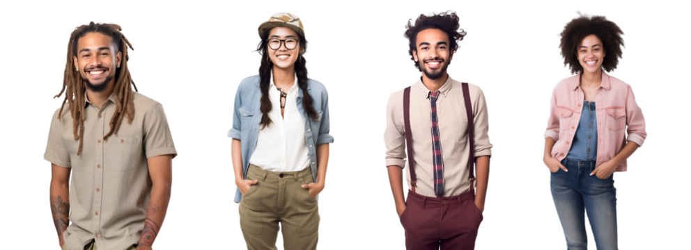 Set of Portrait of young woman and man happy smiling and standing posing, isolated on white background, png