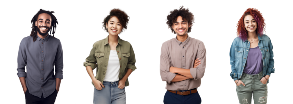 Set of Portrait of young woman and man happy smiling and standing posing, isolated on white background, png - Powered by Adobe