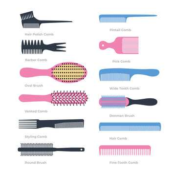 Set of different types of hair combs collection, Cartoon hairbrushes and professional comb for hair styling. Curling and style brush. Hairdresser, stylist and beauty salon tools vector set grooming. 