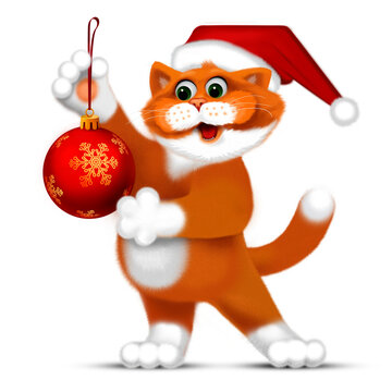 A cartoon red cat holds a christmas tree toy ball in its paws and smiles happily. An image of a cartoon red cat with white paws. A bitmap image. Without a background.