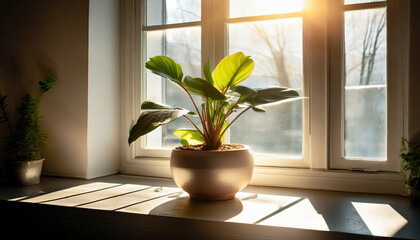 Indoor plant on sunny window sill, home decor, greenery in natural light, cozy ambiance, interior design element