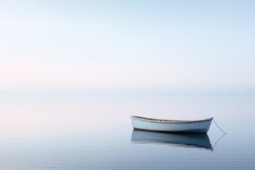 Minimalist shot of a solitary boat on a calm lake with a clear horizon.