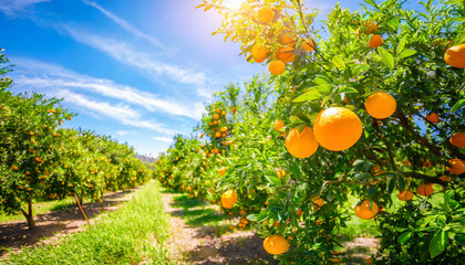 orange garden on a sunny day, ripe oranges dangling from lush trees, evoking freshness and abundance