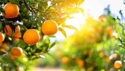 orange garden on a sunny day, ripe oranges dangling from lush trees, evoking freshness and abundance