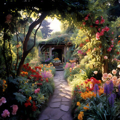 A secluded garden with vibrant flowers and meandering pathways.