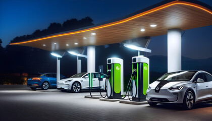 Electric car charging at station in the night