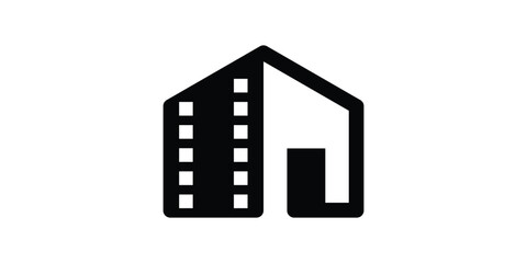 logo design combining the shape of a house with a film, film studio, film production.