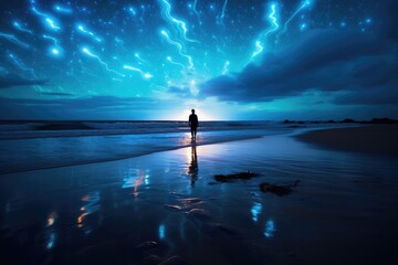 Solo young traveler at a surreal, otherworldly beach with bioluminescent waves and starry sky. - obrazy, fototapety, plakaty