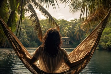 Solo young traveler relaxing in a hammock in a whimsical, tropical paradise.
